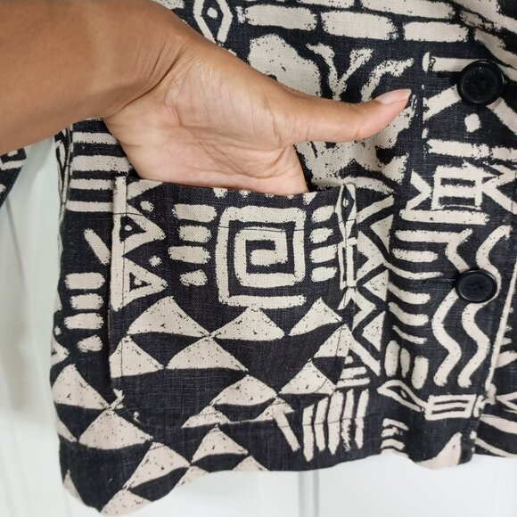I Love H81 Blazer Large 100% Linen Womens Black & White Tribal Print Jacket - Picture 4 of 10